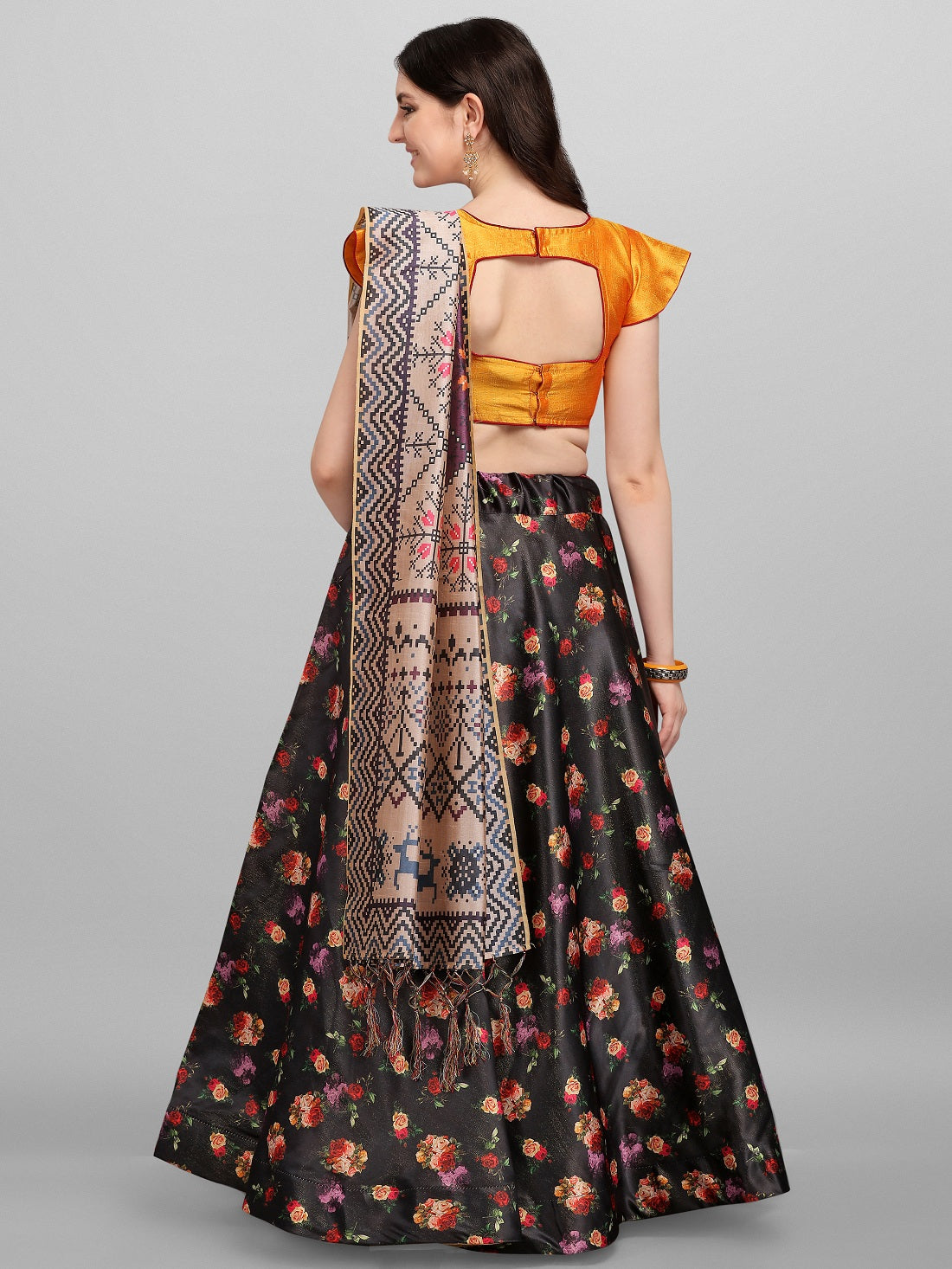 Black and Orange Silk Lehenga with Floral Print