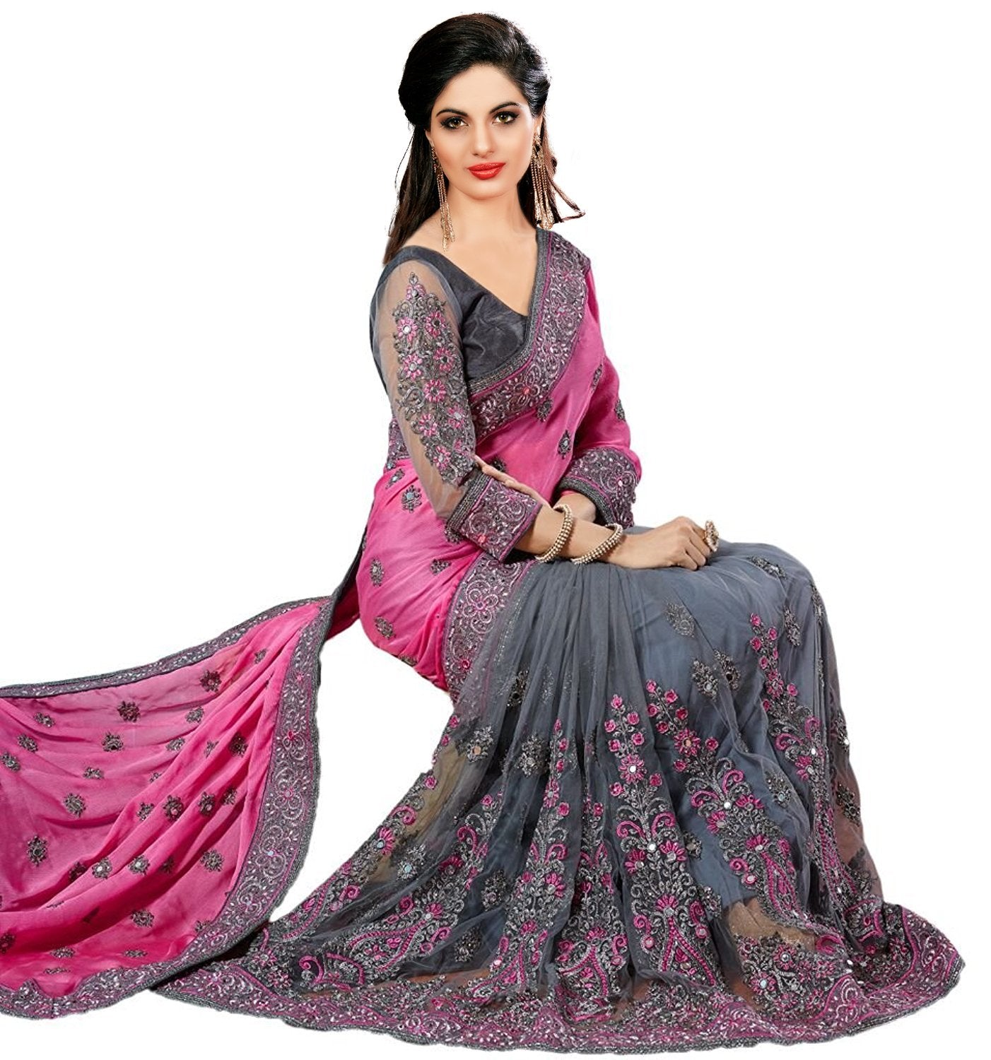 Nivah Fashion Women's Satin Net Embroidery Mirror Work half half Saree With Blouse Piece