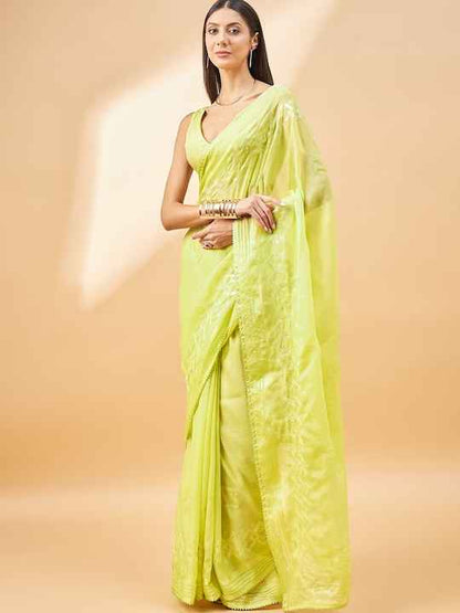 all about you Lime Green Embroidered Pure Chiffon Saree