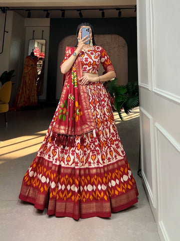 Red Leheriya With Foil Print lehenga choli with Tussar Silk dupatta