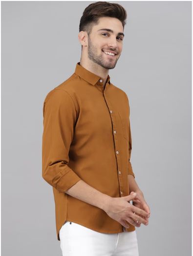 Men Brown Slim Fit Cotton Solid Casual Shirt