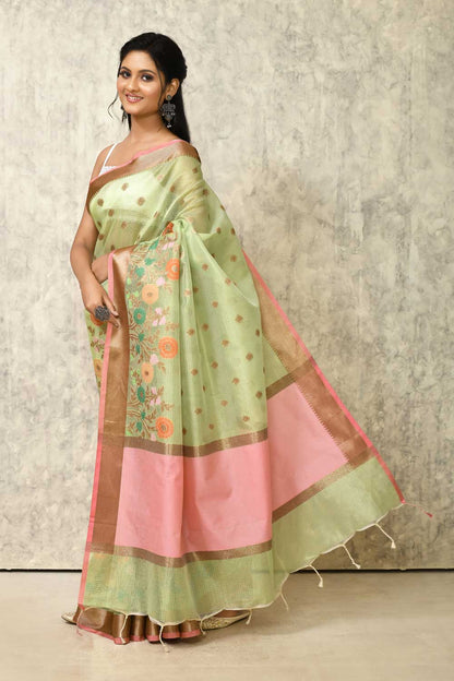 Pista Green Cotton Kota Check Banarasi Handloom Saree