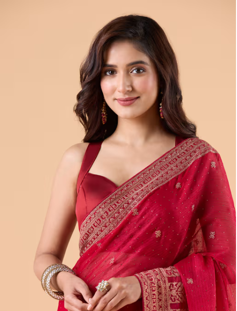 Love Defined Red Georgette Embroidered Party Saree and Unstitched Blouse