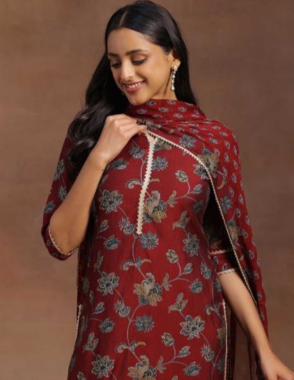 Women Maroon Printed Poly Crepe Straight Kurta With Trousers & Dupatta