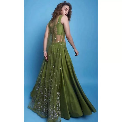 Mehendi green zurich silk sequence and zari work ceremonial lehenga choli with koti