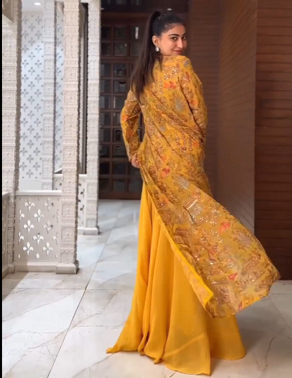 yellow georgette palazzo with embroidered crop top and a long Gerogette jacket