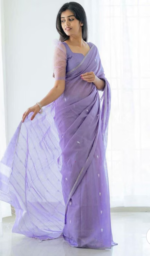 Lavender & Silver-Toned Woven Design Zari Saree