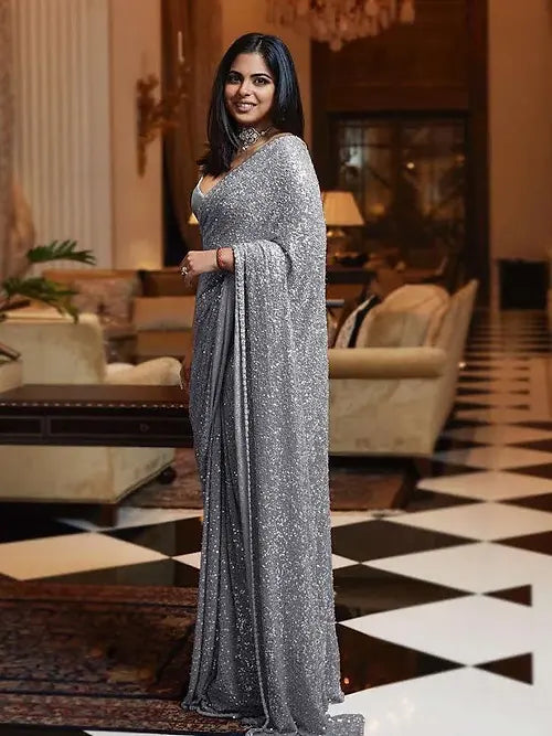 Isha Ambani Style Grey Color Sequence Work Saree