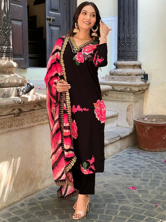 Floral Printed V-Neck Regular Gotta Patti Kurta ,Trousers & Dupatta