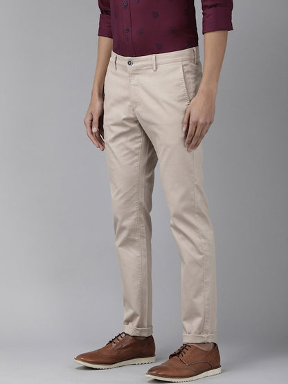 Men Beige Solid Slim Fit Corduroy Trousers