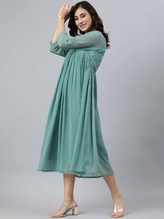 Women Green Poly Chiffon Self Design Flared Dress