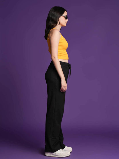 Women Black Mid-Rise Wide Leg Track Pants