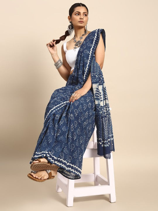 Ethnic Motifs Pure Cotton Block Print Indigo Saree