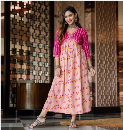 Women Floral Print Viscose Rayon A-line Kurta  (Pink, Yellow)