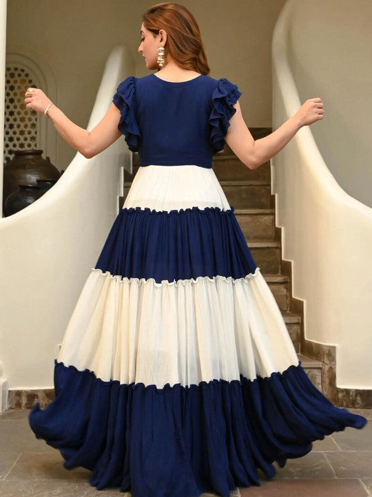 Colourblocked Sweetheart Neck Flutter Sleeves Maxi Dress