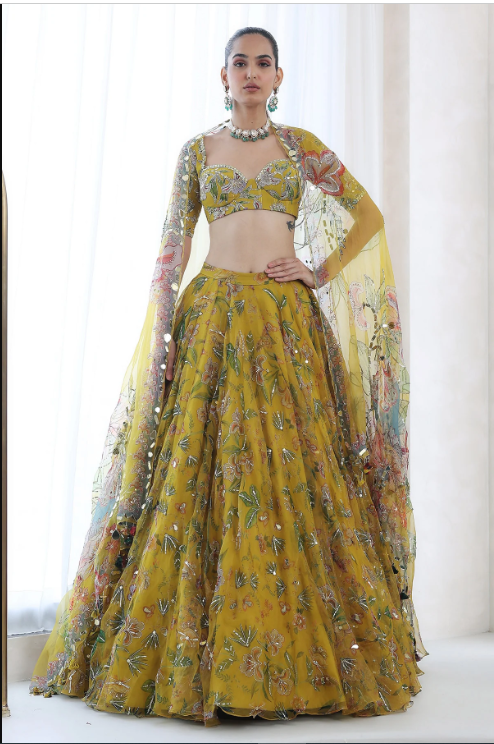 Embroidered blouse with heavily embroidered lehenga and dupatta