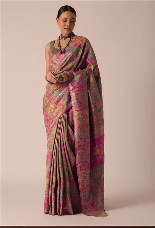 Gold Cotton Silk Kashmiri Saree With Resham Work And Unstitched Blouse Piece