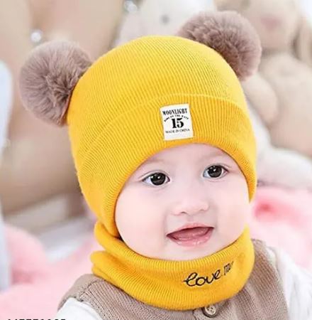 Winter Warm Ear Protection Beautiful Yellow Colour Knitted Woolen Unisex Baby Hat