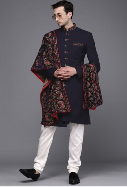 Men Navy Blue & White Printed Sherwani Set with Dupatta