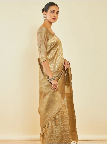 Beige Tussar Silk Saree With Zari Woven Floral And Foliage Designs