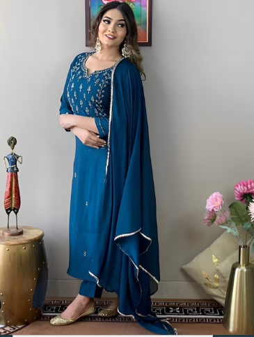 Ethnic Motifs Embroidered Thread Work Detail Straight Kurta & Trousers With Dupatta