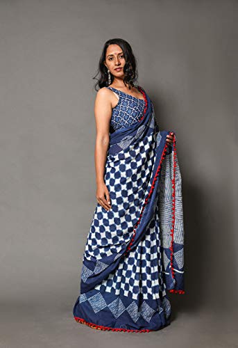 Shivanya Handicrafts Indigo Print Cotton Mulmul Saree for Women Attached Blouse Piece