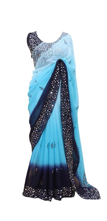 Women's And Girls Heavy Fox Georgette Multi Colours Saree With C Pallu Embrodery multi Work with real mirror work plein saree