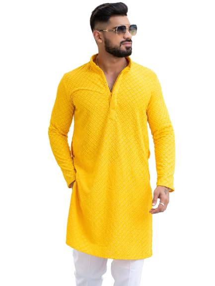 CRYSTAL REVENUE Men's Floral Embroidered Cotton Rich Traditional and Lakhnavi Ethnic Wear Straight Kurta Set