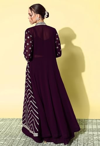 Wine Georgette Zari Sequence Embroidered Lehenga With Crop Top And Shrug Co Ord Set