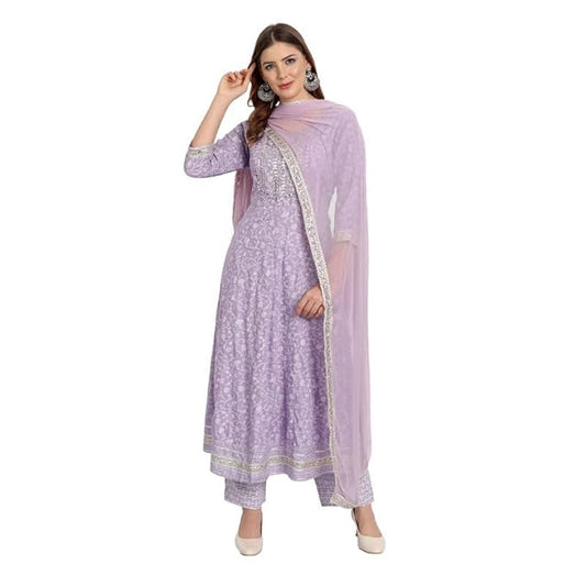 Rangnavi Women Rayon Anarkali Embroidered Printed Kurta Pant And Dupatta Set