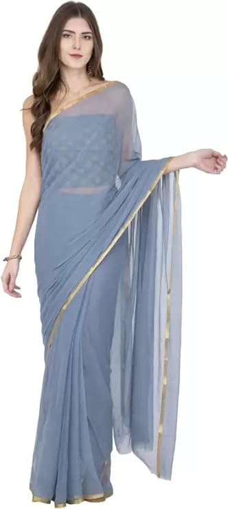 Womens Pure Chiffon Lace Border saree with Brocade Blouse Piece