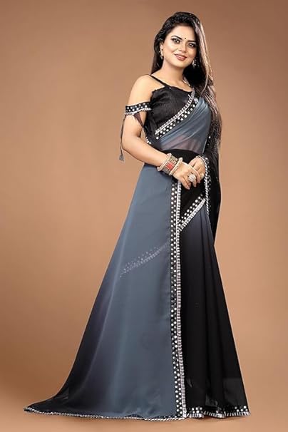 Women's Georgette Padding 2 Ton Saree with Mirror Lace Border With Blouse Piece