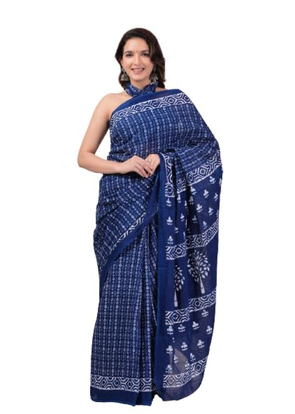 Rovim Women's Hand Block Indigo Ajrakh Printed Pure Cotton Mulmul Saree With Matching Blouse