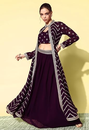 Wine Georgette Zari Sequence Embroidered Lehenga With Crop Top And Shrug Co Ord Set