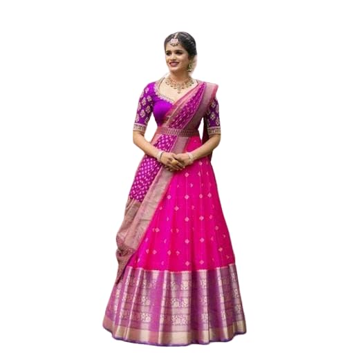 Women's Indian Traditional Unstitched Kanjivaram Silk Weaving Lehenga Choli Along With Dupatta Attach With Unstitch Blouse Piece, Half Saree