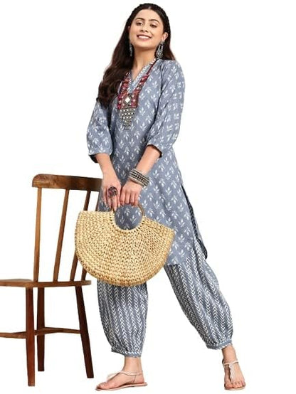 LookMark Women's Trendy Printed Cotton Blend Straight White Color Kurta and Afghani Pant Set