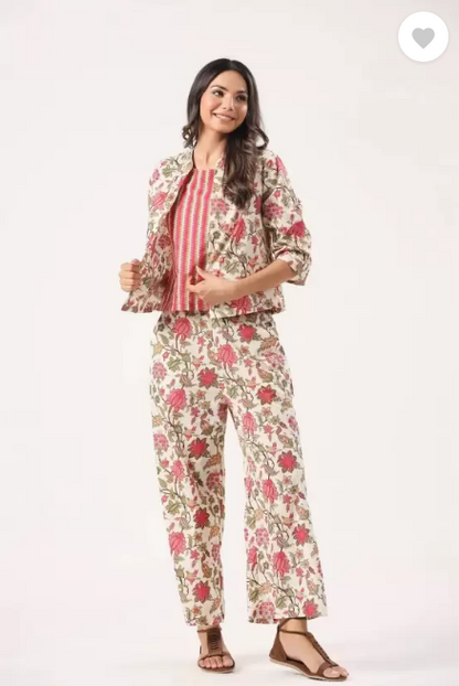 Women Cotton Blend Ethnic Top Palazzo Ethnic Jacket Set