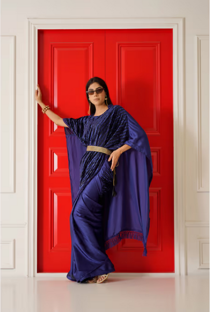 Navy Blue Velvet & Satin Kaftan Saree with Unstitched Blouse