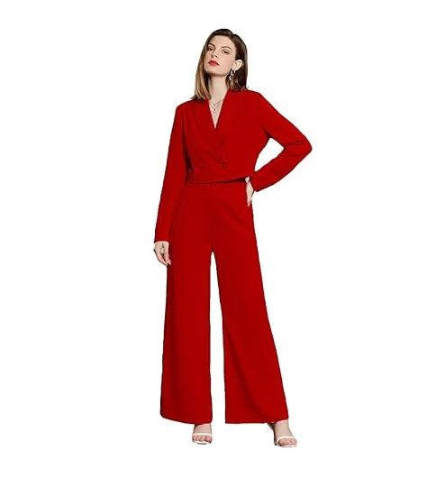 Women's Solid Relaxed Fit Full Sleeve Co-ord Blazer and Trouser Set. Tomato red