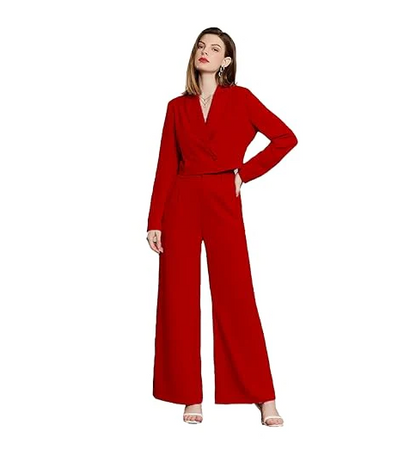 Women's Solid Relaxed Fit Full Sleeve Co-ord Blazer and Trouser Set. Tomato red