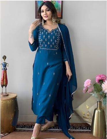 Ethnic Motifs Embroidered Thread Work Detail Straight Kurta & Trousers With Dupatta