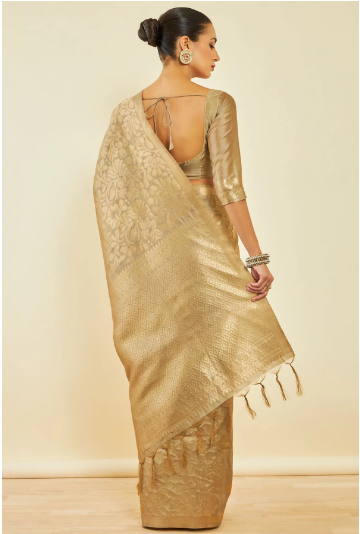 Beige Tussar Silk Saree With Zari Woven Floral And Foliage Designs