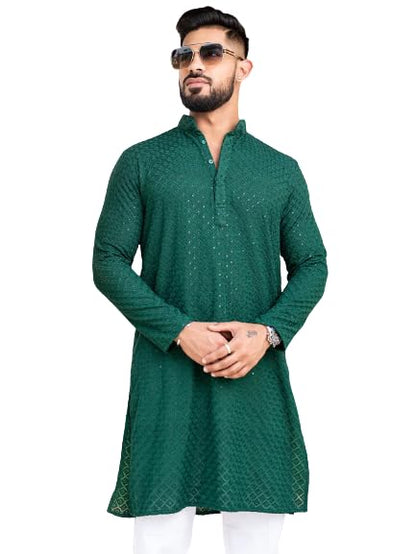 Men's Floral Embroidered Cotton Rich Traditional and Lakhnavi Ethnic Wear Straight Kurta