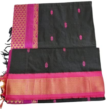 Women's Pure Kalyani Cotton Silk Saree with Zari Border and Blouse Piece (Black & Pink)