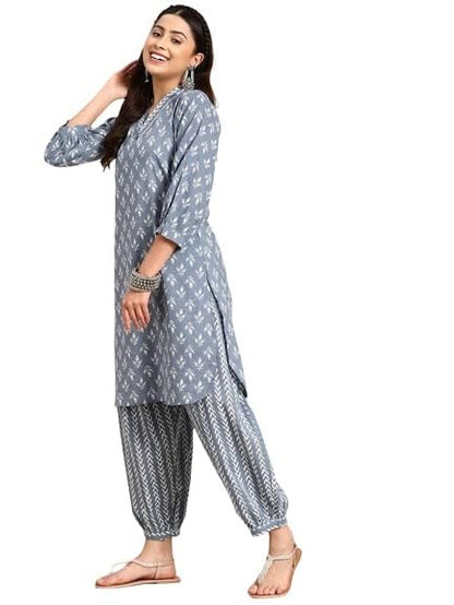 LookMark Women's Trendy Printed Cotton Blend Straight White Color Kurta and Afghani Pant Set