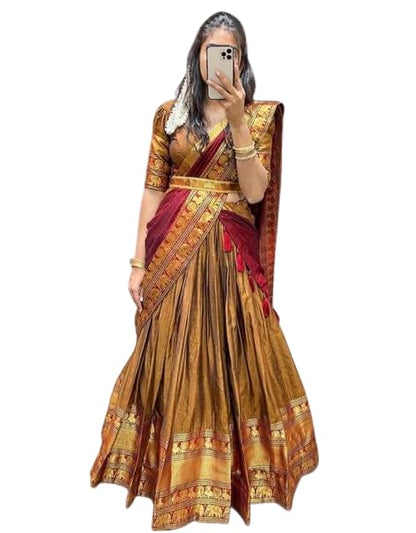 RENVAANI FASHION Women's Indian Traditional Unstitched Kanjivaram Kanchipuram Silk Pure Zari Weaving Lehenga Choli Along With Dupatta Attach With Unstitch Blouse Piece, Half Saree