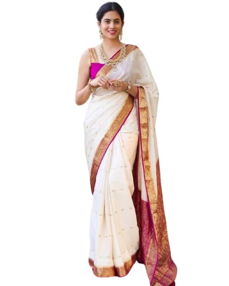 Shreesha Enterprise Women's Kanjivaram Jacquard Cotton Silk Fashion Saree With Unstitched Blouse Piece