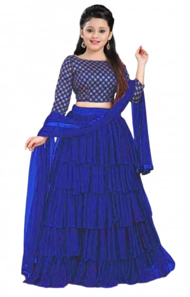 Girl's Net Solid Reffel Work Lehenga Choli with Dupatta Unstitched Blouse