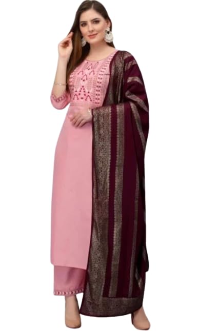 Women'S and Girls Wear Pink Color Cotton Blend Printed A-Line Kurta, Pant and Dupatta Set