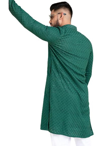 Men's Floral Embroidered Cotton Rich Traditional and Lakhnavi Ethnic Wear Straight Kurta